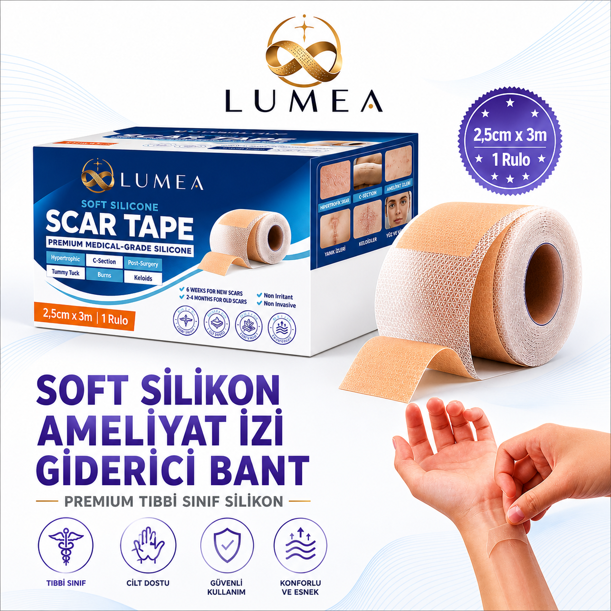 Lumea Ameliyat İz Bandı — Premium Silikon Rulo Bant | Tıbbi Sınıf