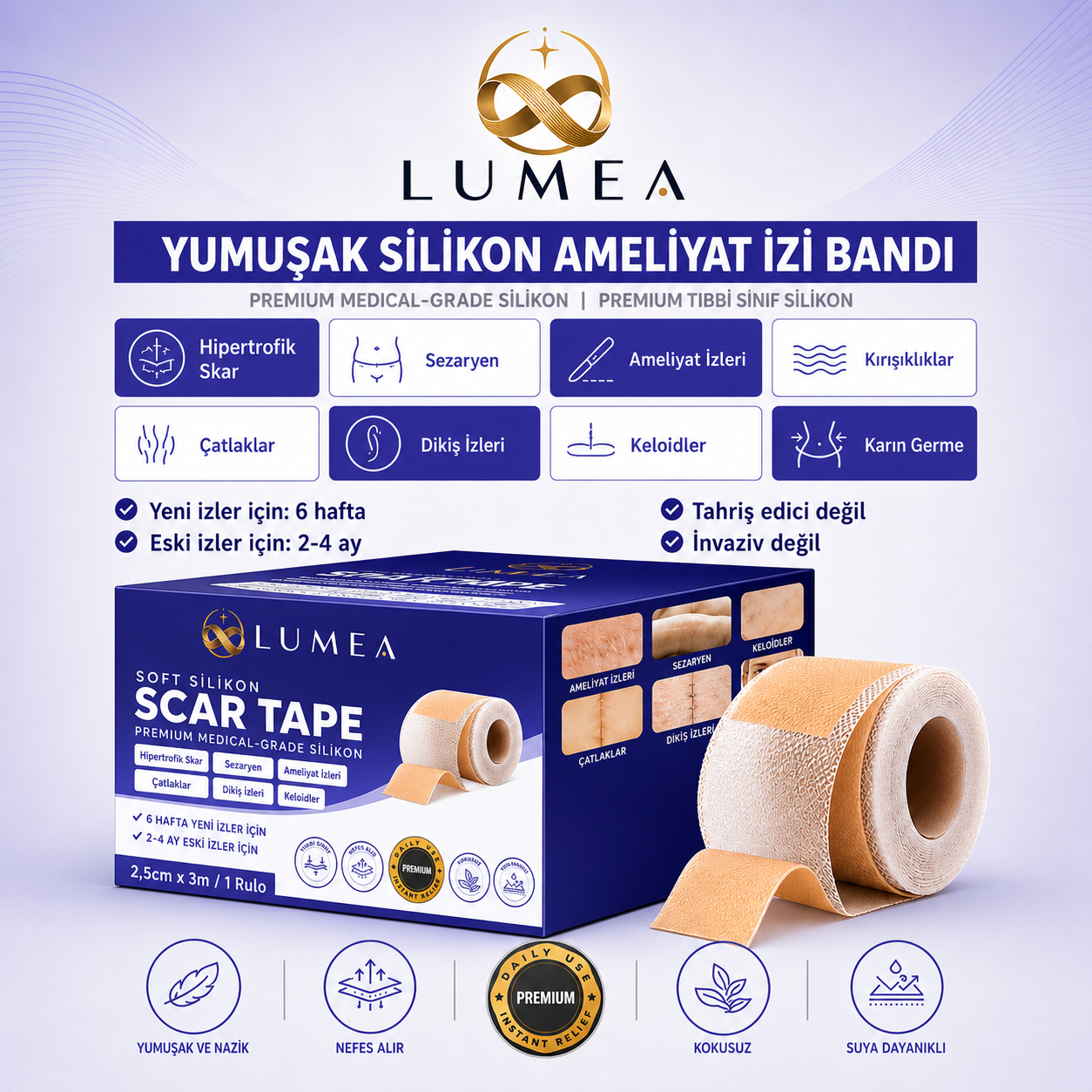 Lumea Ameliyat İz Bandı — Premium Silikon Rulo Bant | Tıbbi Sınıf